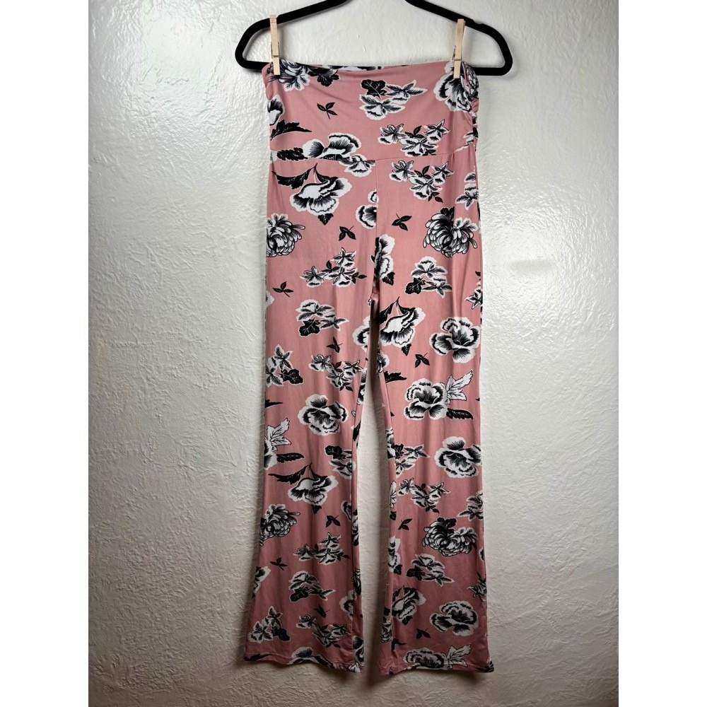 Pink Floral Leggings High Waisted Bell Bottom Womens Large Athleisure